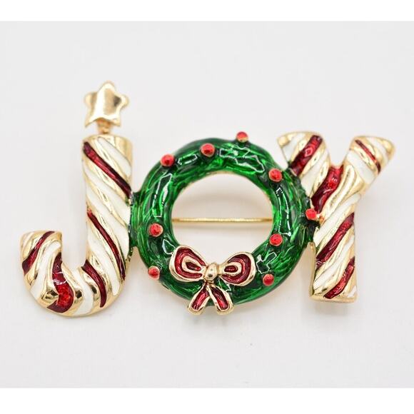 Vintage Christmas JOY Pin Brooch Wreath Enamel Candy Cane Holiday NOS 80s BinA9 - Picture 2 of 12